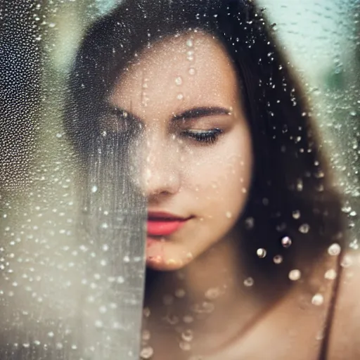 Image similar to a beautiful woman photographed through a rainy window, bokeh,