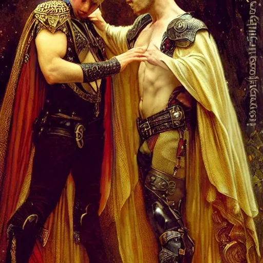 Image similar to stunning arthur pendragon in love with stunning male merlin the mage. they are close to each other. highly detailed painting by gaston bussiere, craig mullins, j. c. leyendecker