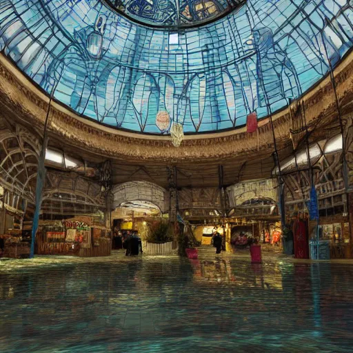 Prompt: a market of a medeveil english town under a large glass dome with a small crack where sea water is leaking and creating a puddle on the floor, under the sea, highly detailed, cinematic lighting, render, fantasy