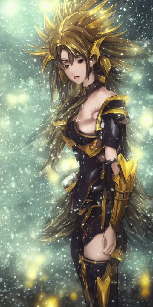 Prompt: focus portrait of beautiful darkness knight 3D anime girl, golden armor wearing, dark forest background, snowing, bokeh, inspired by Masami Kurumada, digital painting, high contrast, unreal engine render, volumetric lighting, high détail