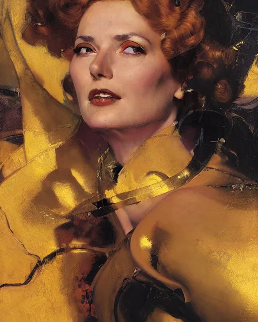 Image similar to head portrait of striking mature space woman, empress in golden robes, by norman rockwell, roberto ferri, daniel gerhartz, edd cartier, jack kirby, howard v brown, ruan jia, tom lovell, frank r paul, dean cornwell, astounding stories, amazing, fantasy, other worlds