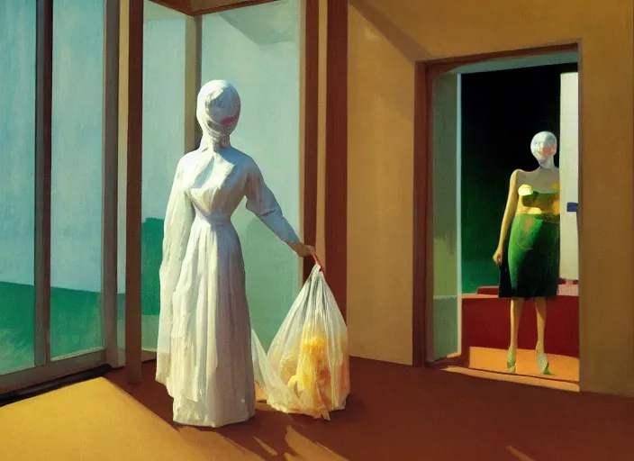 Image similar to woman in a translucent dress made from plastic bag holding ice cream with paper bags for clothes standing inside paper bags with paper bag over the head at store display Edward Hopper and James Gilleard, Zdzislaw Beksinski, highly detailed