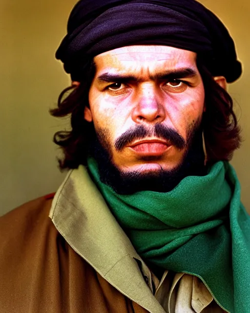 Image similar to portrait of che guevara as afghan man, green eyes and red scarf looking intently, photograph by steve mccurry