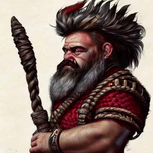 Prompt: portrait of a dwarf barbarian with red braided beard and a mohawk, hyper detailed drawing, trending on artstation, dungeons & dragons
