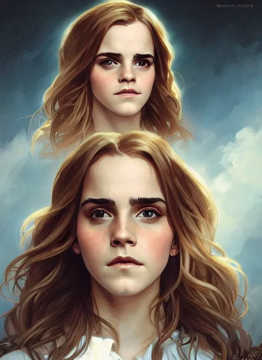 Image similar to emma watson as hermione. beautiful detailed face. by artgerm and greg rutkowski and alphonse mucha