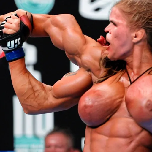 Prompt: transgender muscular woman beating up woman in ufc