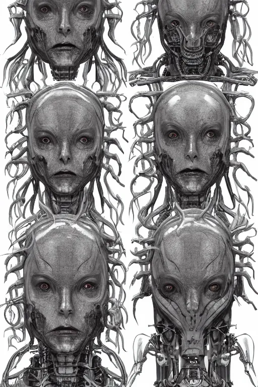 Prompt: cyborg medusa with gunmetal grey skin, medical anatomy, very symmetrical face, highly detailed, mecha, three - perspective / three - view reference sheet ( front / back / side ), in the style of dan ouellette, hr giger, sil from species, dren from splice, biomechanical, artstation, unreal engine