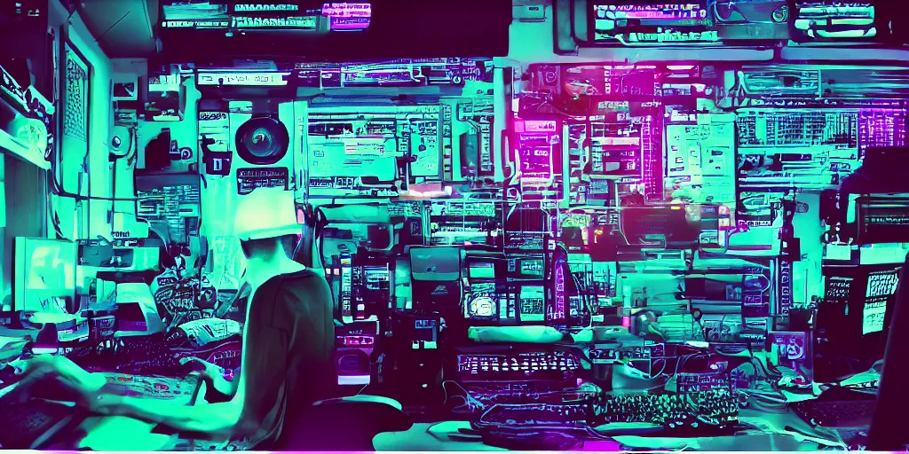 Prompt: discord moderator in front of a computer, lo-fi beats, synthwave