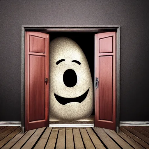 Prompt: the grinning face of an ugly giant looking inside someones house through the door hyper realistic