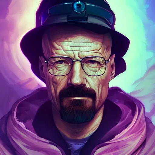 Image similar to high quality illustration, walter white realistic portrait, cyberpunk, alphonse mucha, riot game, beautiful, epic composition, alexandre bourlet, arcane, lois van baarle, league of legend, digital painting, james jean, dynamic colors, greg rutkuwsky, artstation, concept art, neon