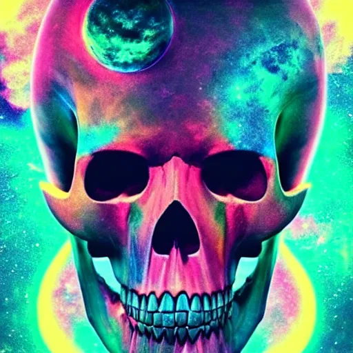 Image similar to planet shaped like a skull, colorful, glow, energy, galaxy, ethereal, cinematic, epic, 8k, ultra detailed, Artstation, Trending on Artstation, Artstation HQ, Artstation HD, deviant art, Pinterest, digital art,