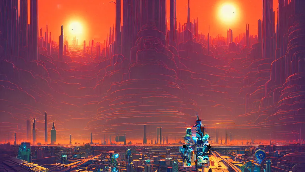 Image similar to retro robot city at the other side of nowhere, sharp digital painting. dreaming latent space. concept art. artstation. casey weldon. digital render. dan mumford. clean retro. bruce pennington.