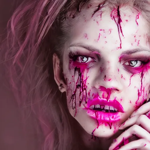 Image similar to a dirty grungy zombie girl wearing pink lace victoria secret, studio portrait,