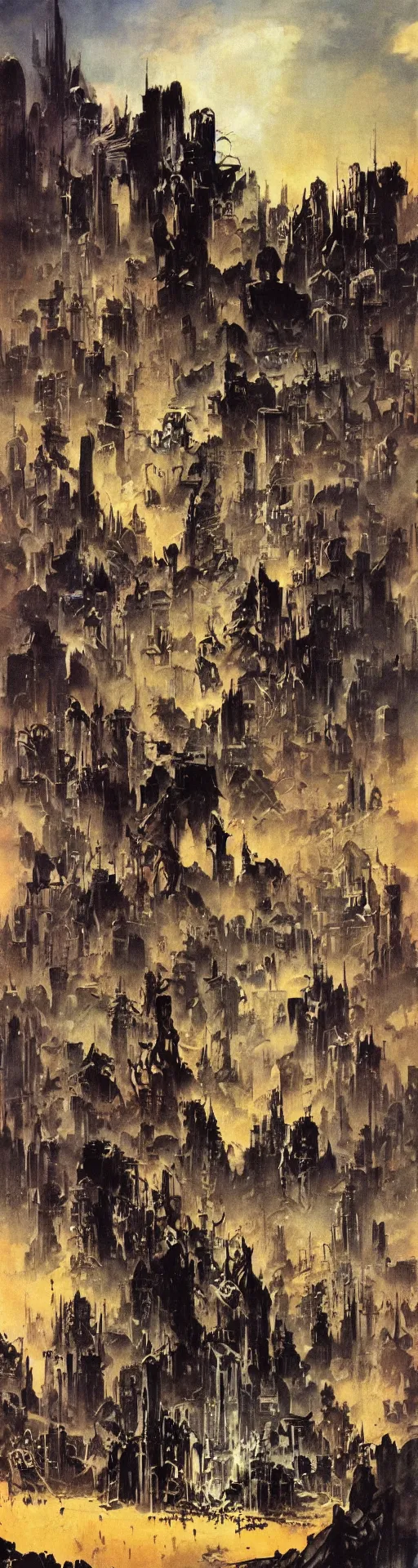 Image similar to a city by frank frazetta