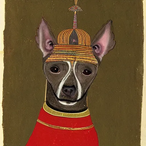 Prompt: portrait of a peruvian hairless dog as incan emperor, incan painting 1 3 0 0