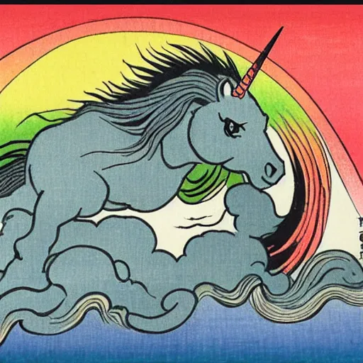 Image similar to A unicorn with rainbow color by Katsushika Hokusai