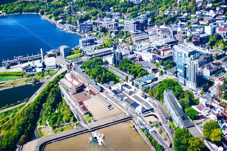 Prompt: bird's eye view photography of a small city. town hall, central farm, monorail station, beach and shipping dock. hills, woods and lake to the north.