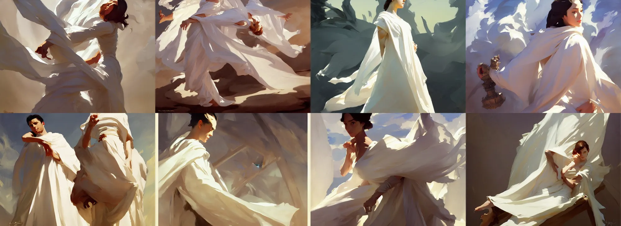 Image similar to white cloth fabric greg manchess painting by sargent and leyendecker, studio ghibli, fantasy, medium shot, asymmetrical, intricate, elegant, matte painting, illustration, hearthstone, by greg rutkowski, by greg tocchini, by james gilleard, by joe fenton