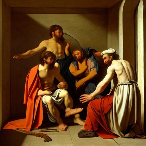 Image similar to isolation chamber of the early biblical scholars, in the style of David Geddes, Jacques-Louis David, Caravaggio, Élisabeth Vigée Le Brun, dramatic lighting, establishing shot, detailed and clear beautiful realistic faces, 8k resolution – W 1024