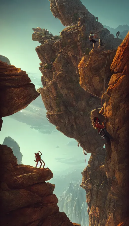 Image similar to rock climbers climbing a rock, an epic fantasy, dramatic lighting, cinematic, extremely high detail, photorealistic, cinematic lighting, matte painting, artstation, octane render, by simon stalenhag, horizon forbidden west