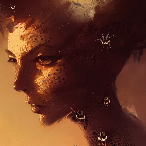 Image similar to portrait of a woman with black hair and insects coming out of her skin, trypophobia dramatic lighting, illustration by Greg rutkowski, yoji shinkawa, 4k, digital art, concept art, trending on artstation