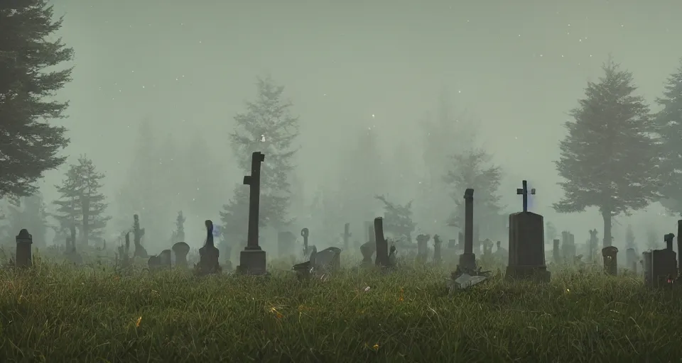 Prompt: Eerie cemetery landscape, cinematic, rendered by simon stålenhag, rendered by Beeple, Makoto Shinkai, syd meade, environment concept, digital art, unreal engine, 3 point perspective, WLOP, trending on artstation, low level, 4K UHD image, octane render,