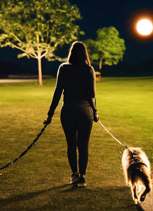 Prompt: young brown woman walking her dog in a park at night with a full moon