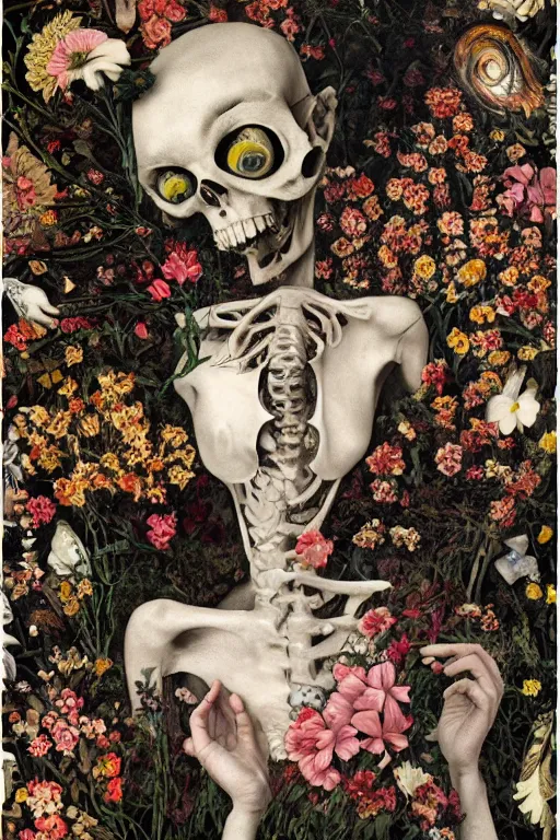 Image similar to a person lying among flowers and bones, large eyes and lips and is thinking about mortality, HD Mixed media collage, highly detailed and intricate, surreal illustration in the style of Caravaggio, baroque dark art