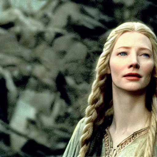 Image similar to galadriel ( young cate blanchett ) in a scene of lord of the rings ( 2 0 0 2 ), filmed by andrew lesnie with arriflex 4 3 5 camera