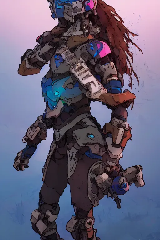 Image similar to combination suit armor aloy horizon forbidden west horizon zero dawn robot ninja mask helmet backpack tribal, art gta 5 comics, official fanart behance hd artstation by jesper ejsing, by rhads, makoto shinkai and lois van baarle, ilya kuvshinov, ossdraws radiating a glowing aura cgi rtx 2 0 2 2