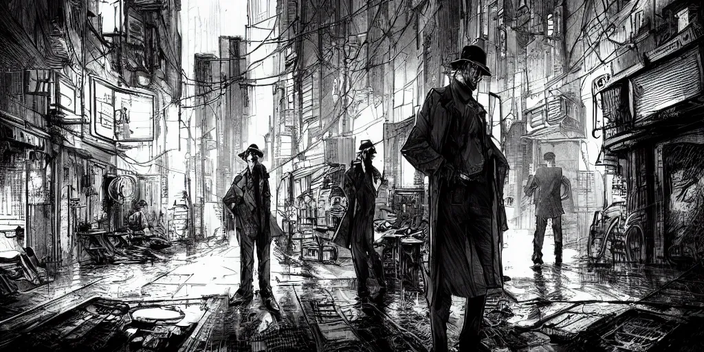 Prompt: a haggard detective in a trenchcoat scanning a crimescene in a dystopian cyberpunk alley, sketchy artstyle, digital art, dramatic, thick lines, rough lines, line art, cinematic, trending on artstation