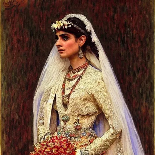 Image similar to full body portrait of a beautiful Kurdish bride wearing a beautiful wedding dress, very detailed eyes, hyperrealistic, beautiful and symmetrical face, very detailed painting by Claude Monet and Alphonse Mucha, ornate, trending on artstation, extremely high detail, incredibly intricate