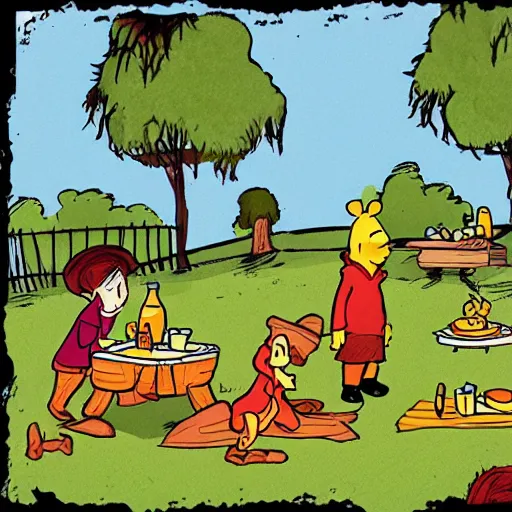 Image similar to illustration of zombie picnic in the style of Winnie the Pooh A. A. Milne