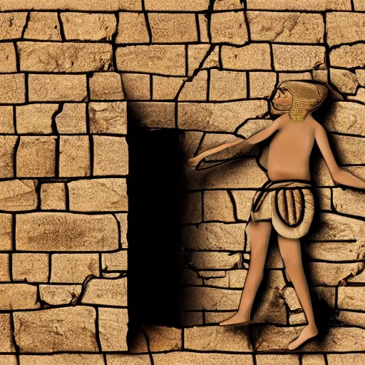 Prompt: 40 year old Mediterranean skinned man in ancient Canaanite clothing building a broken wall in Jerusalem, layered paper illustrated 2022