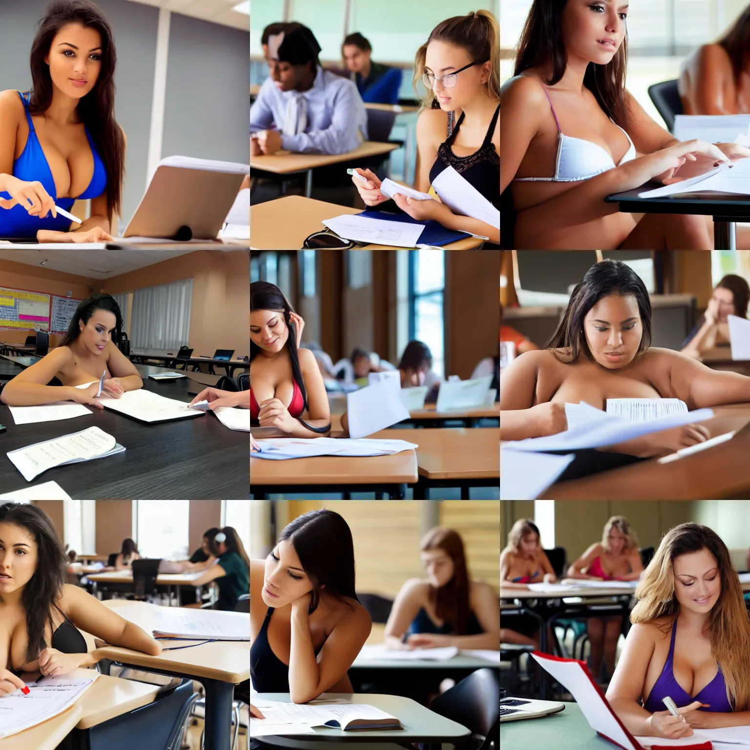 Prompt: a beautiful woman in bikini with big breasts reviewing student exams at a table in a college classroom