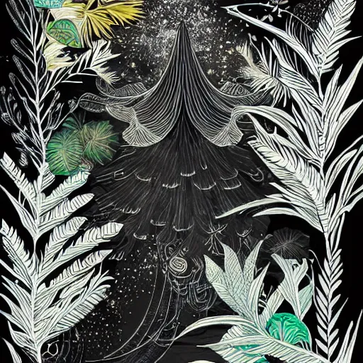 Prompt: black paper + an intricate lelabo depiction + elaborate white illustration, very detailed, deviantart, 8 k vertical wallpaper, tropical, colorful, airy, anime illustration, anime nature