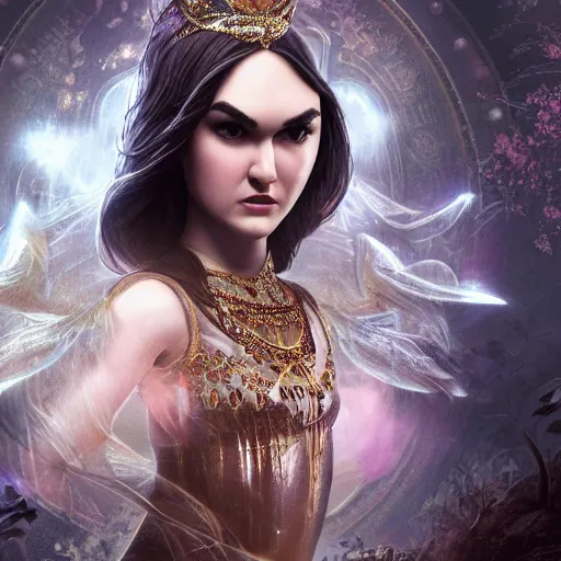 Image similar to photo-full-body-portrait of beautiful sasha grey as a fearless goddess with magical powers, 8k high details, detailed and intricate, elegant, ornate, elite, ominous, beautiful digital painting, cinematic, cgsociety, artstation, octane render, 8k, unreal engine