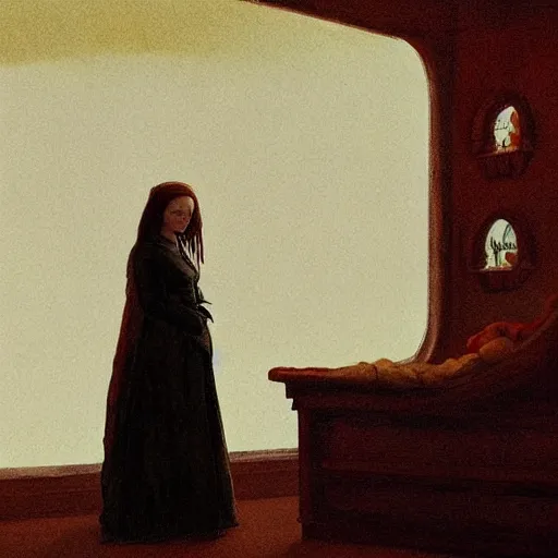 Prompt: Elle Fanning in the painted world of Crimson Peak, head and shoulders masterpiece, apocalypse, golden hour, cosmic horror, artstation, in the style of Andrew Wyeth and Edward Hopper and Bosch, extremely detailed