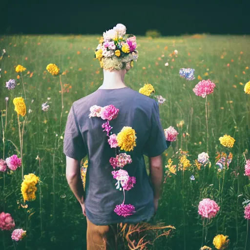 Image similar to kodak portra 4 0 0 photograph of a skinny blonde goth guy standing far back in a field of flowers, back view, flower crown, moody lighting, telephoto, 9 0 s vibe, blurry background, vaporwave colors, faded!,