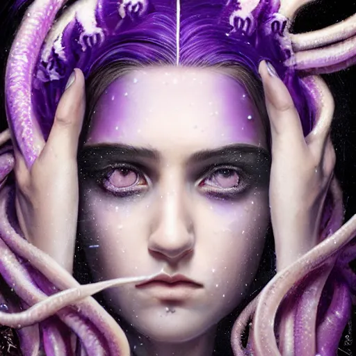 Image similar to detailed photo portrait of a furious teen girl with thin, hair-like purple tentacles on her head and bright purple eyes, 8k,by tristan eaton, Stanley Artgermm,Tom Bagshaw,Greg Rutkowski,Carne Griffiths,trending on DeviantArt, face enhance,hyper detailed ,full of colour, dramatic lightning