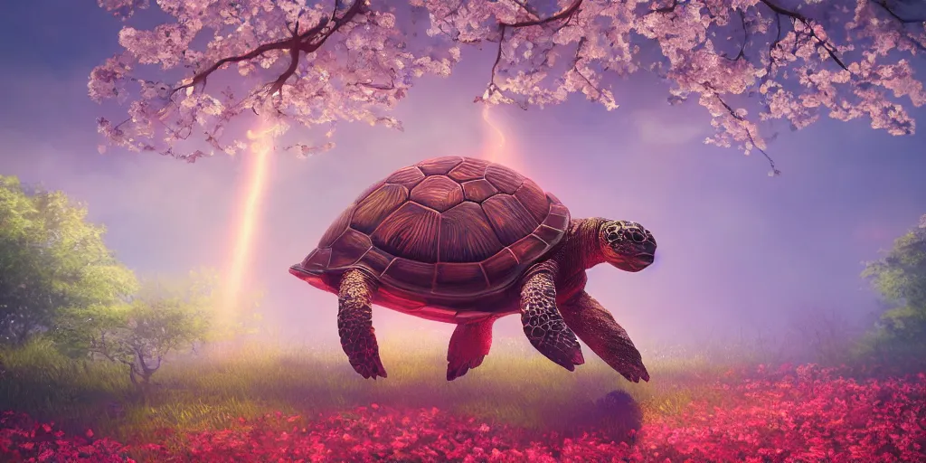 Prompt: anthropomorphic turtle warrior meditating under a cherry tree, [ palate ] [ vibrant gothic colors ], vibrant neon nebulous clouds, radiant light rays, photorealistic painting, intricate and fine symmetrical details, volumetric lighting, artstation, octane render, unreal engine