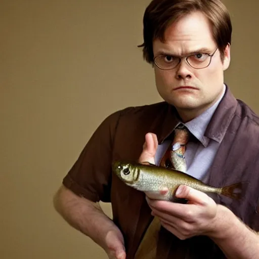 Prompt: proud dwight schrute holding a tiny piece of paper and a fish above his head by rubins