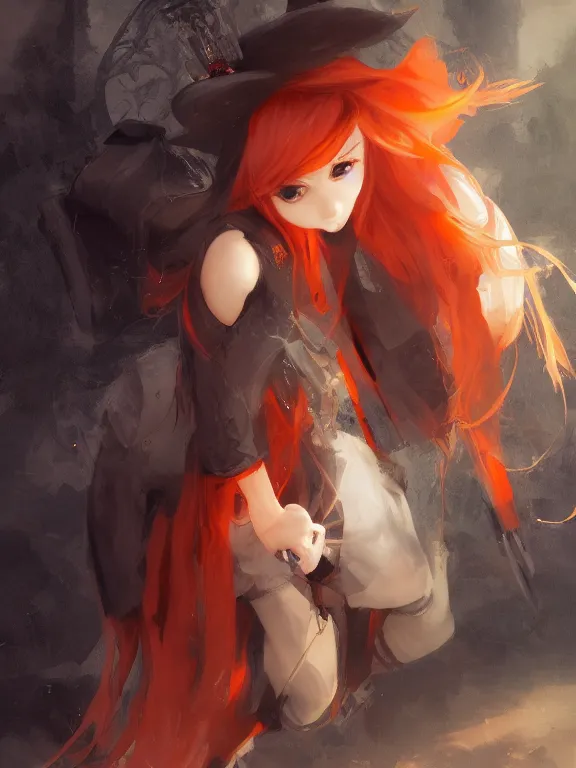 Image similar to Full shot of a cute mischievous young witch about to get up to some trouble. Black and Orange palette. By Ruan Jia and Artgerm and Range Murata and WLOP and CLAMP. Key Art. Fantasy Illustration. award winning, Artstation, intricate details, realistic, Hyperdetailed, 8k resolution.