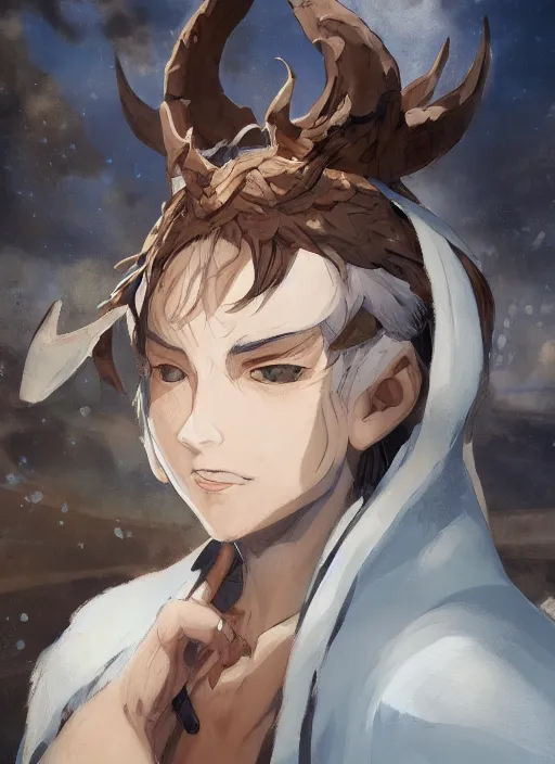 Image similar to concept art painting of a person with brown skin and short white hair, demon horns, white freckles, full clothing, blue robes, detailed, cel shaded, in the style of ruan jia and artgerm and makoto shinkai and james gurney