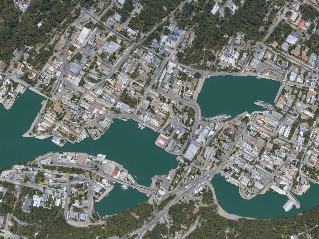 Image similar to satellite imagery of a small city with shops, shipping dock, and beach to the south. a bridge crosses a big lake, with a town hall, marketplace, and towers to the north. there is a field in the middle of the city. small hills and woods north of the city