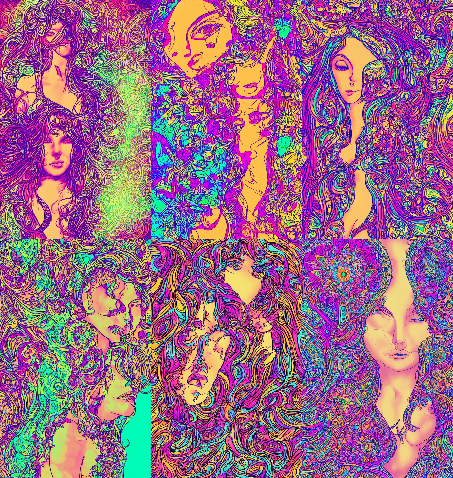 Image similar to beautiful hippie girl illustration, closeup in bikini over psychedelic sacred geometry hallucination