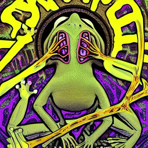 Image similar to Alex Jones turning thousands of frogs gay. Super resolution. Award winning illustration art in the style of Alex Grey