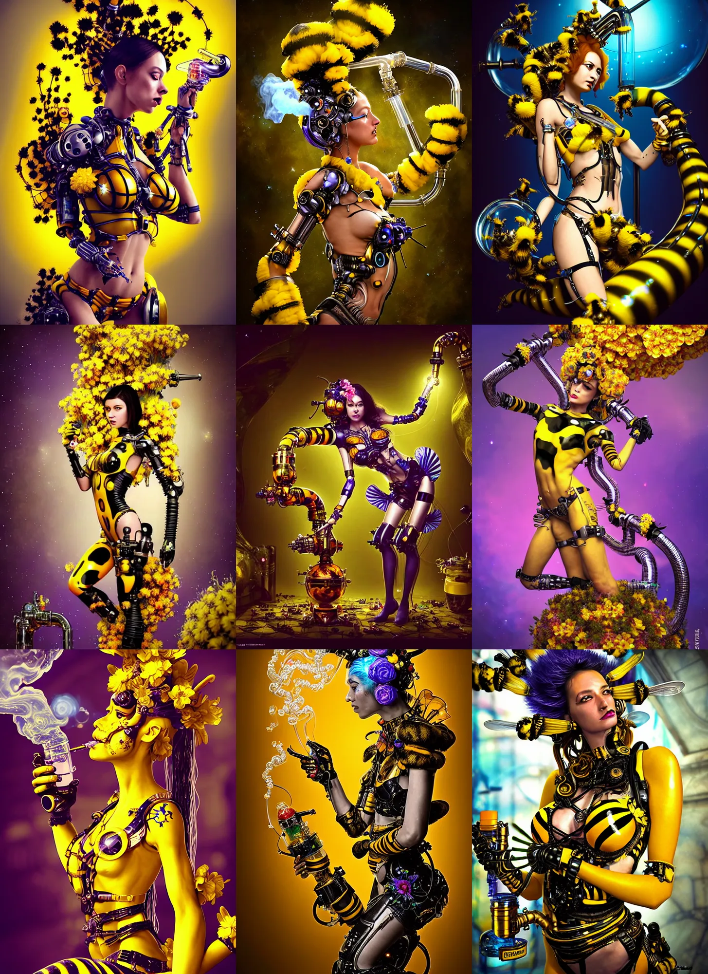 Prompt: polished lush galactic bumblebee cowgirl ornate floral gogo dancer cyborg smoking from an elaborate waterpipe : : weta disney pixar movie still photo : : hi - fructose, sci fi, decadent highly - detailed digital painting, golden ratio, octane render, artstation, smooth, sharp focus, beeple, artgerm mucha, loish, wlop : :