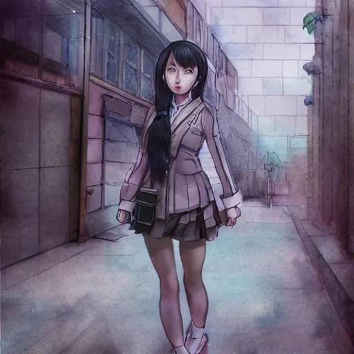 Image similar to a perfect, realistic professional digital sketch of a Japanese schoolgirl posing in a sci-fi alleyway, style of Marvel and DC, full length, by pen and watercolor, by a professional American senior artist on ArtStation, a high-quality hollywood-style sketch, on high-quality paper