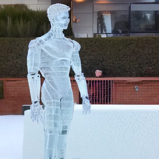 Image similar to made of ice, a realistic detailed photo of a guy who is an attractive humanoid who is half robot and half humanoid, who is a male android, on display, blank stare, showing off his muscles, shiny skin, posing like a statue, by the pool, frozen ice statue, f 1 driver max verstappen, humanoid robot